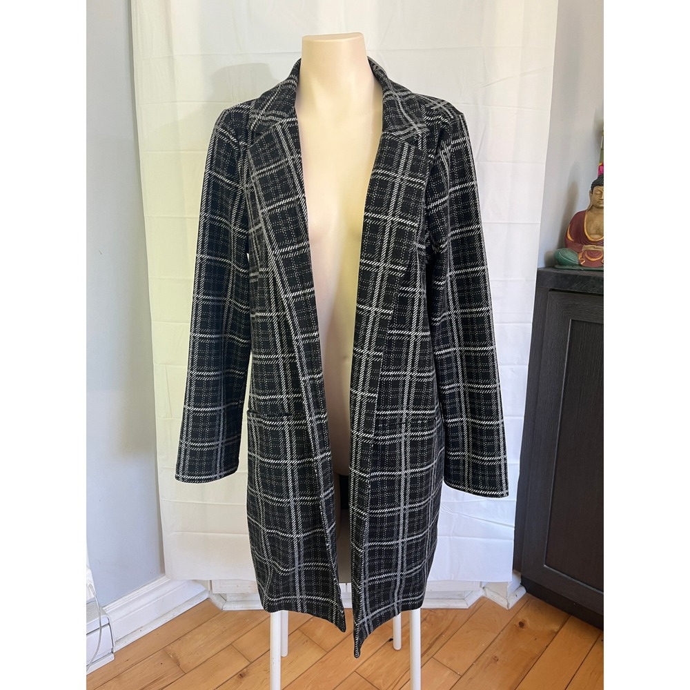 Melloday Womens Black White Plaid Knit Open Front Longline Blazer Jacket Medium
